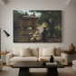 Canvas art print featuring a solemn scene with priest near historical monument, displayed in a spacious living room