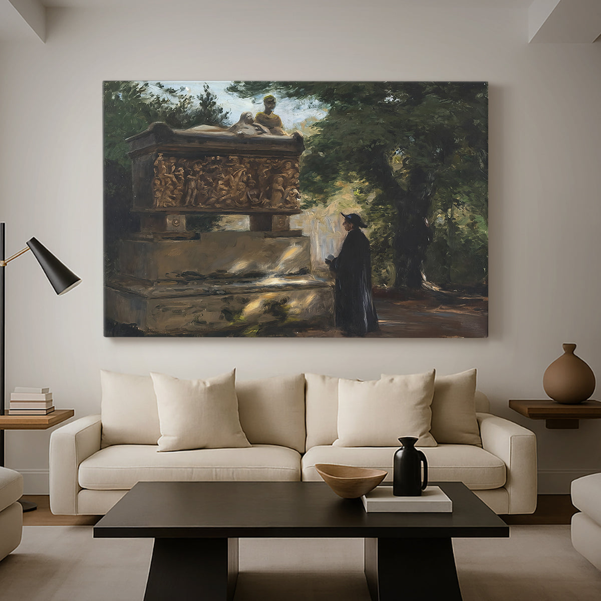 Canvas art print featuring a solemn scene with priest near historical monument, displayed in a spacious living room