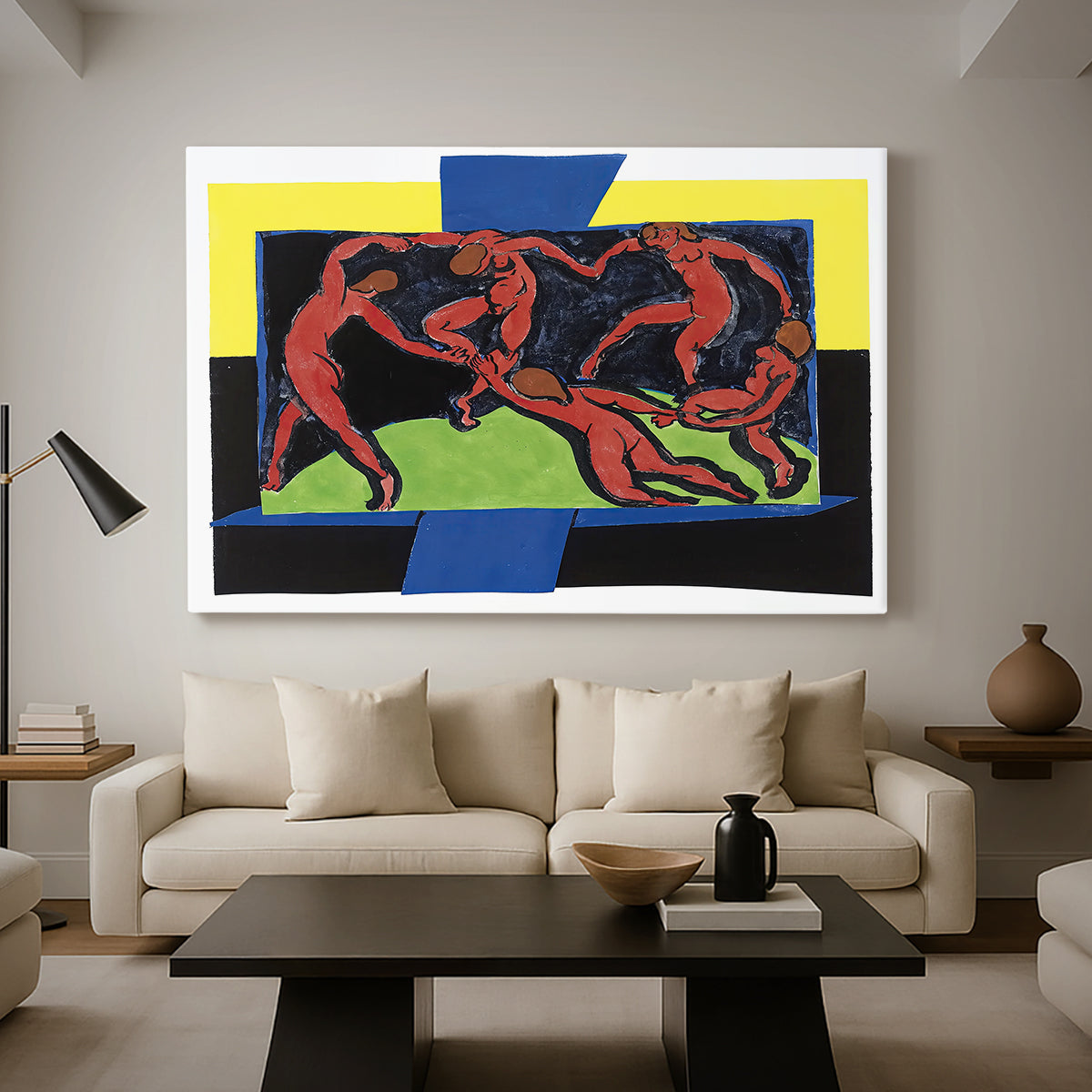 Canvas art print featuring an iconic composition with figures in motion and strong color contrast, displayed in a spacious living room