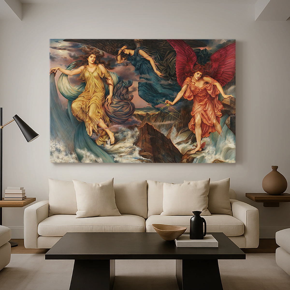 Canvas art print featuring a dynamic composition of figures embodying storm energy, displayed in a spacious living room