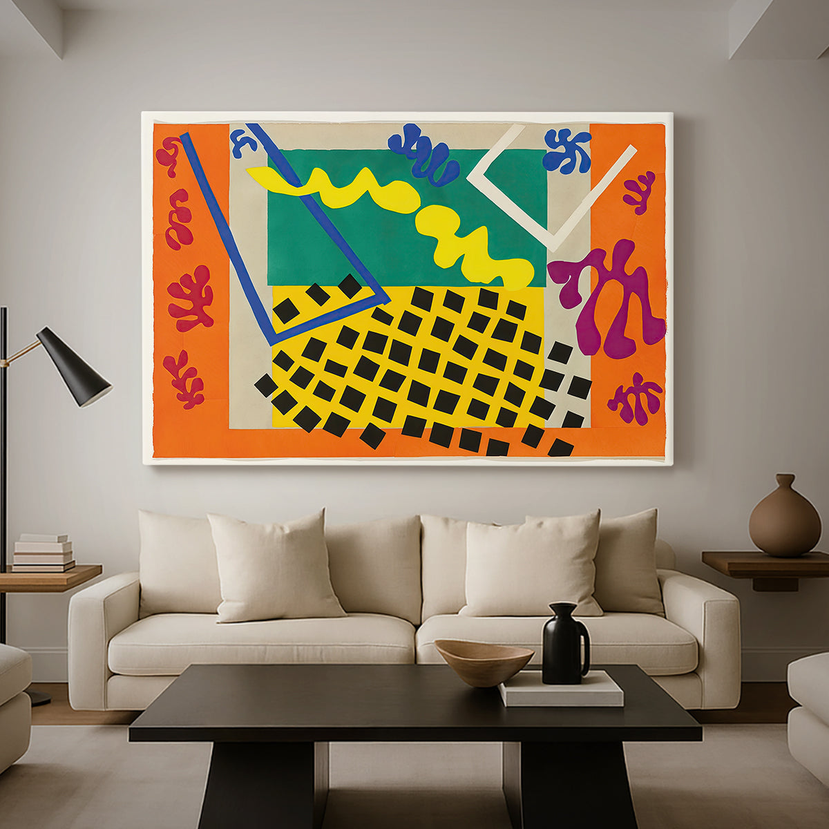 Canvas art print featuring an expressive abstract composition with bright color blocks, displayed in a spacious living room