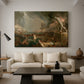 Canvas art print featuring an urban landscape in turmoil with figures fleeing and fighting, displayed in a spacious living room
