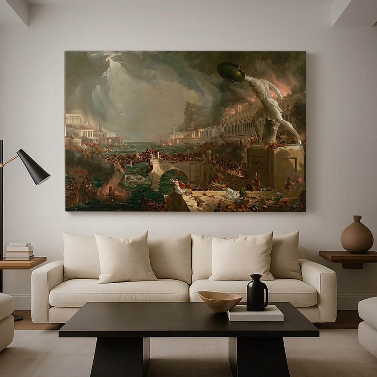 Canvas art print featuring an urban landscape in turmoil with figures fleeing and fighting, displayed in a spacious living room
