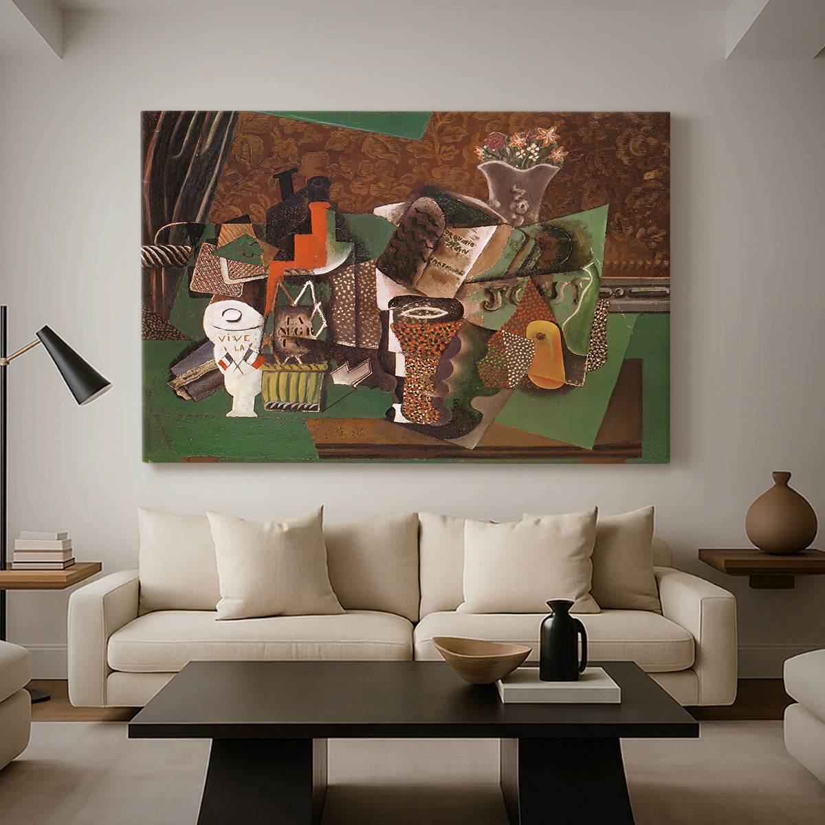 Canvas art print featuring a fragmented still life with overlapping shapes, displayed in a spacious living room
