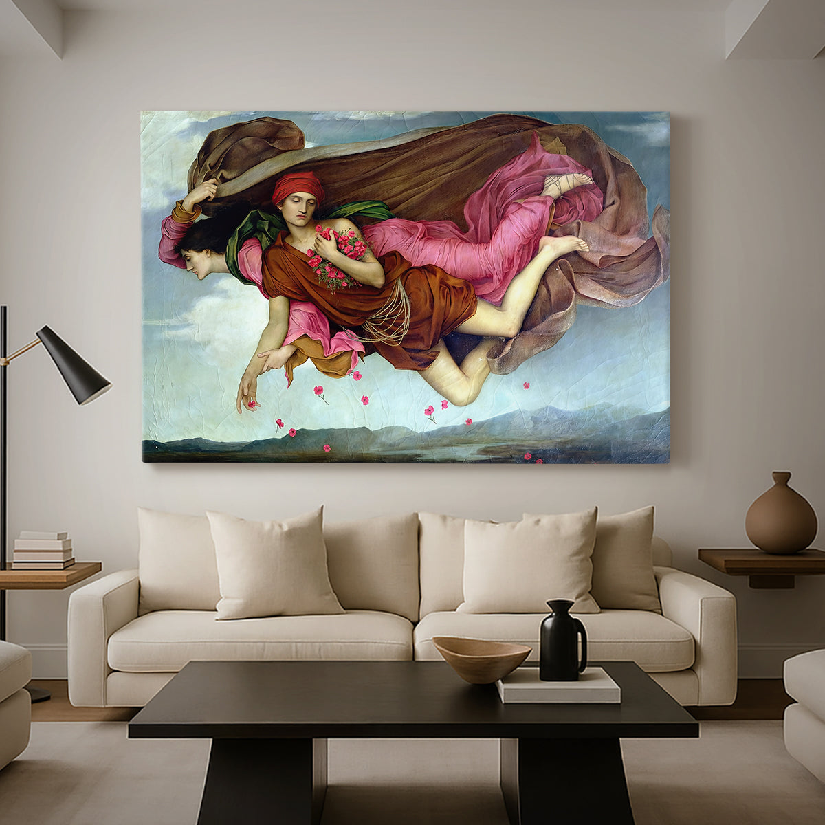 Canvas art print featuring a dreamlike scene with draped figures drifting across dark background, displayed in a spacious living room