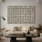 Canvas art print featuring a patterned textile featuring repeated flowers and leaves, displayed in a spacious living room