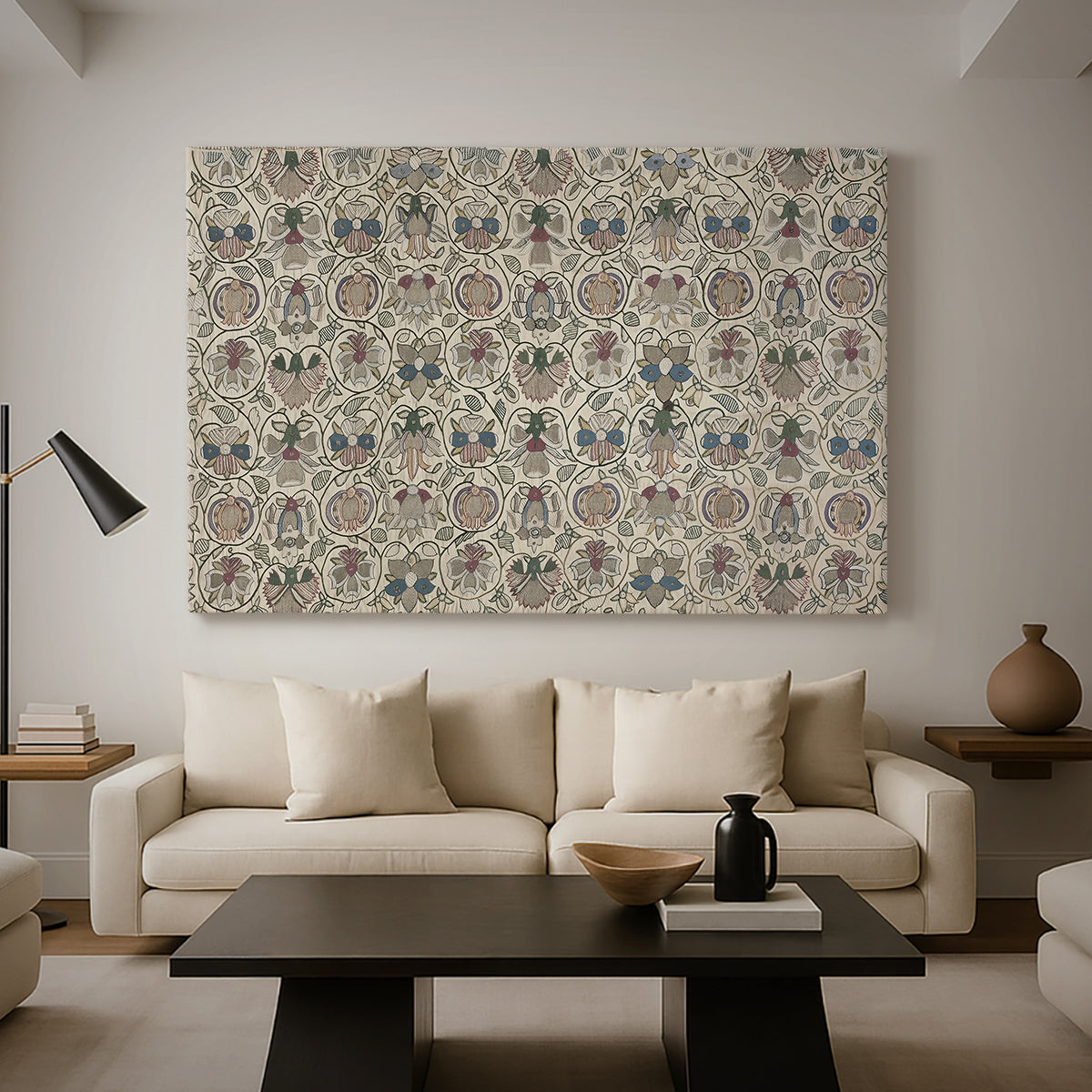 Canvas art print featuring a patterned textile featuring repeated flowers and leaves, displayed in a spacious living room