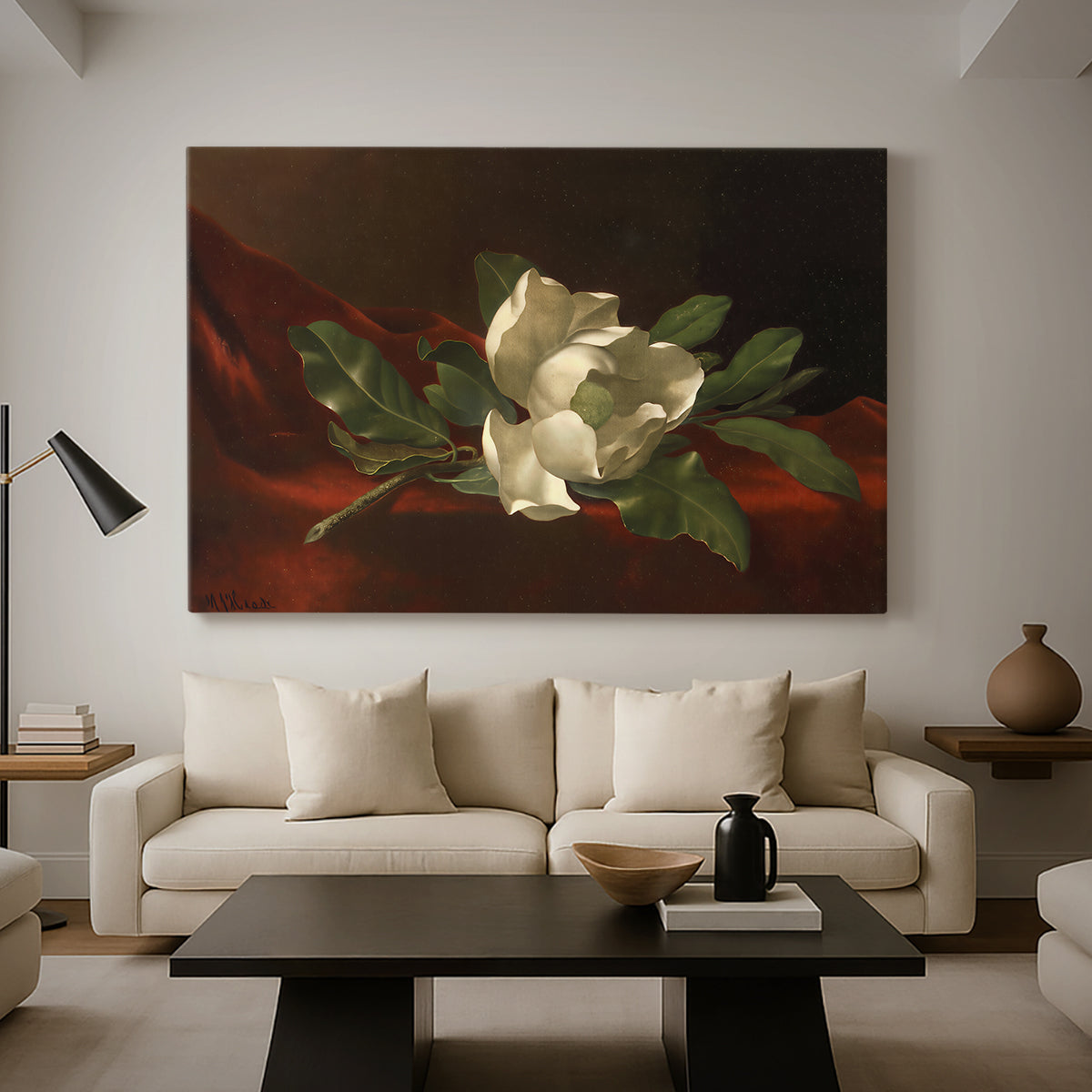 Canvas art print featuring a detailed botanical composition with contrasting textures, displayed in a spacious living room
