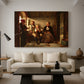 Canvas art print featuring a traditional village interior with figures engaged in conversation by candlelight, displayed in a spacious living room