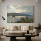 Canvas art print featuring a tranquil harbor view with dock and reflections, displayed in a spacious living room