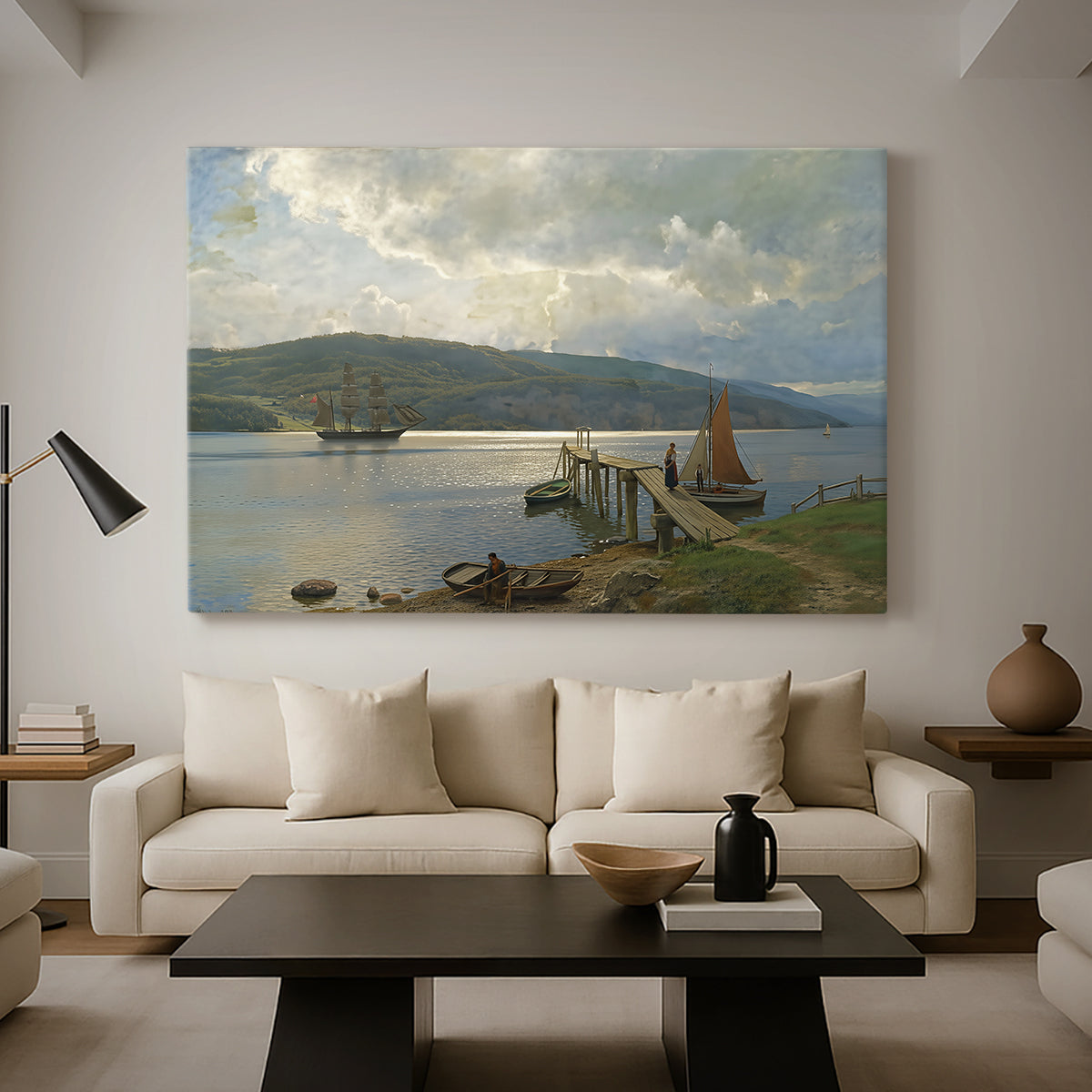 Canvas art print featuring a tranquil harbor view with dock and reflections, displayed in a spacious living room