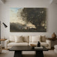 Canvas art print featuring a soft landscape combining figures and natural surroundings, displayed in a spacious living room