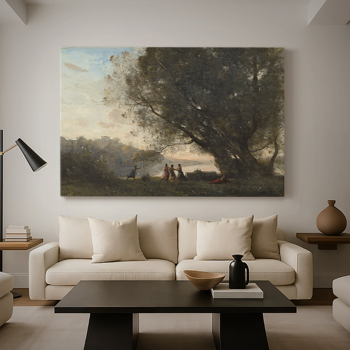 Canvas art print featuring a soft landscape combining figures and natural surroundings, displayed in a spacious living room