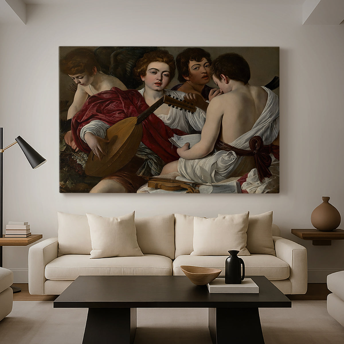 Canvas art print featuring an intimate scene of youths making music with sheet music and instruments, displayed in a spacious living room