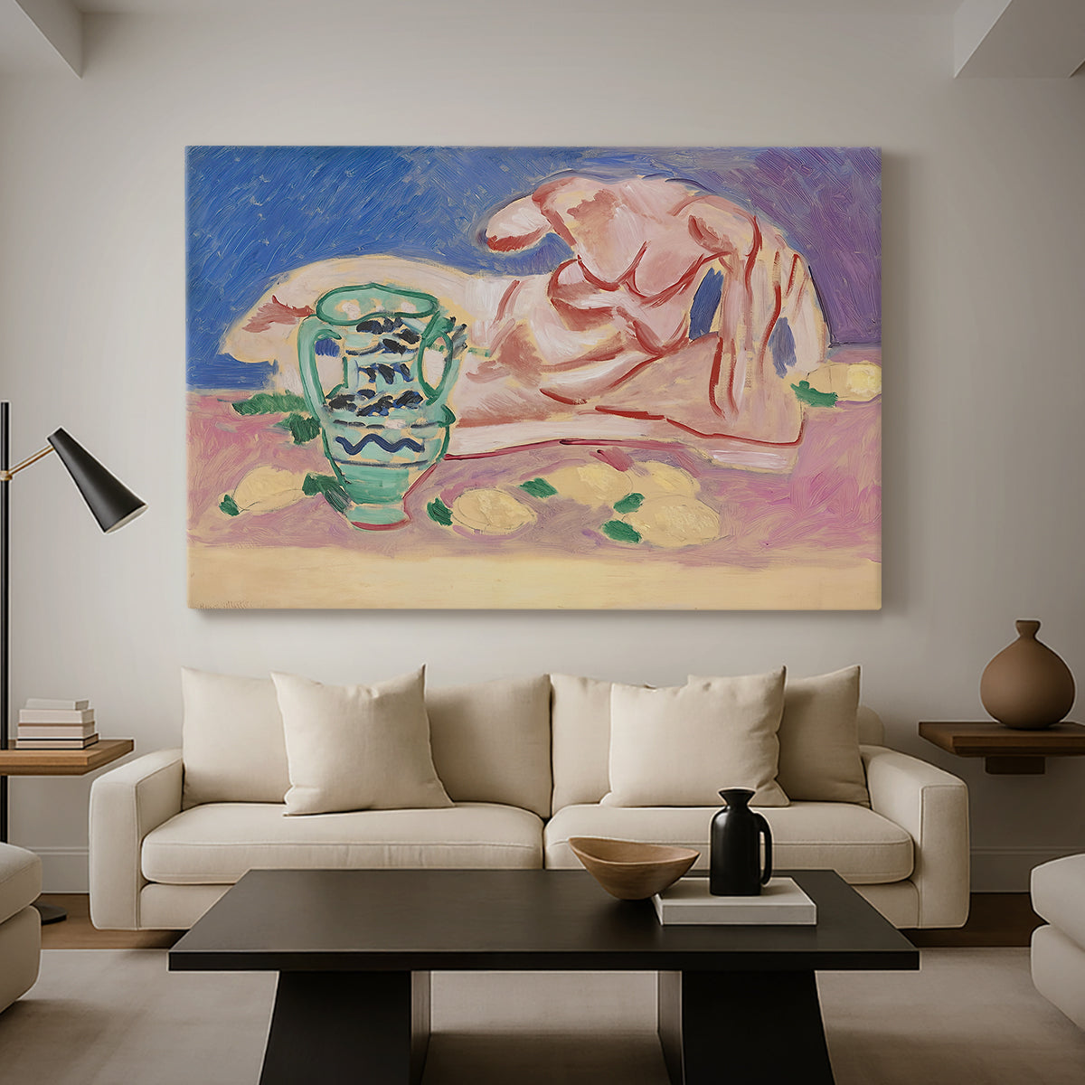Canvas art print featuring a modern interpretation of a classical nude form, displayed in a spacious living room