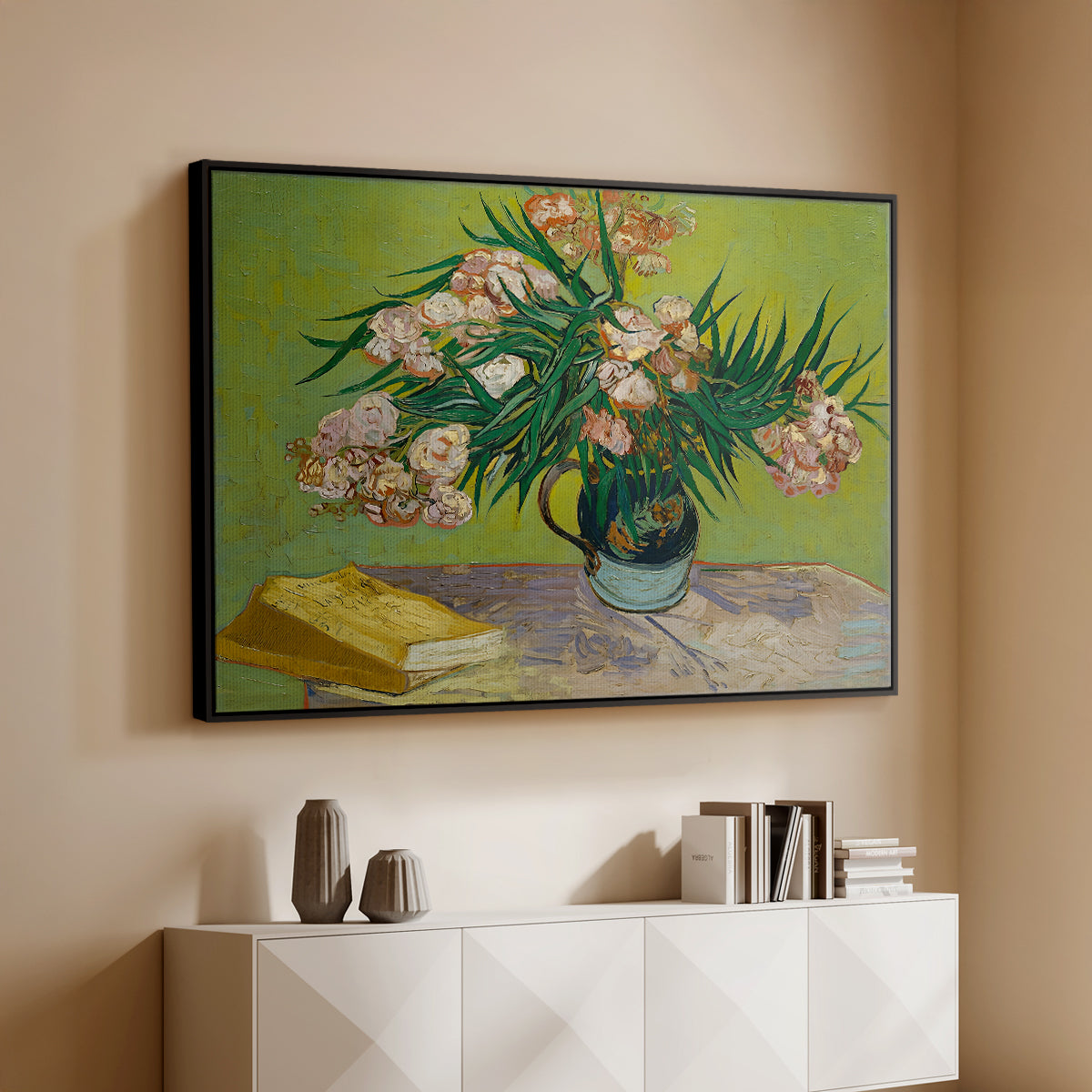Vase with Oleanders and Books, 1888 - Floater Framed Canvas Print
