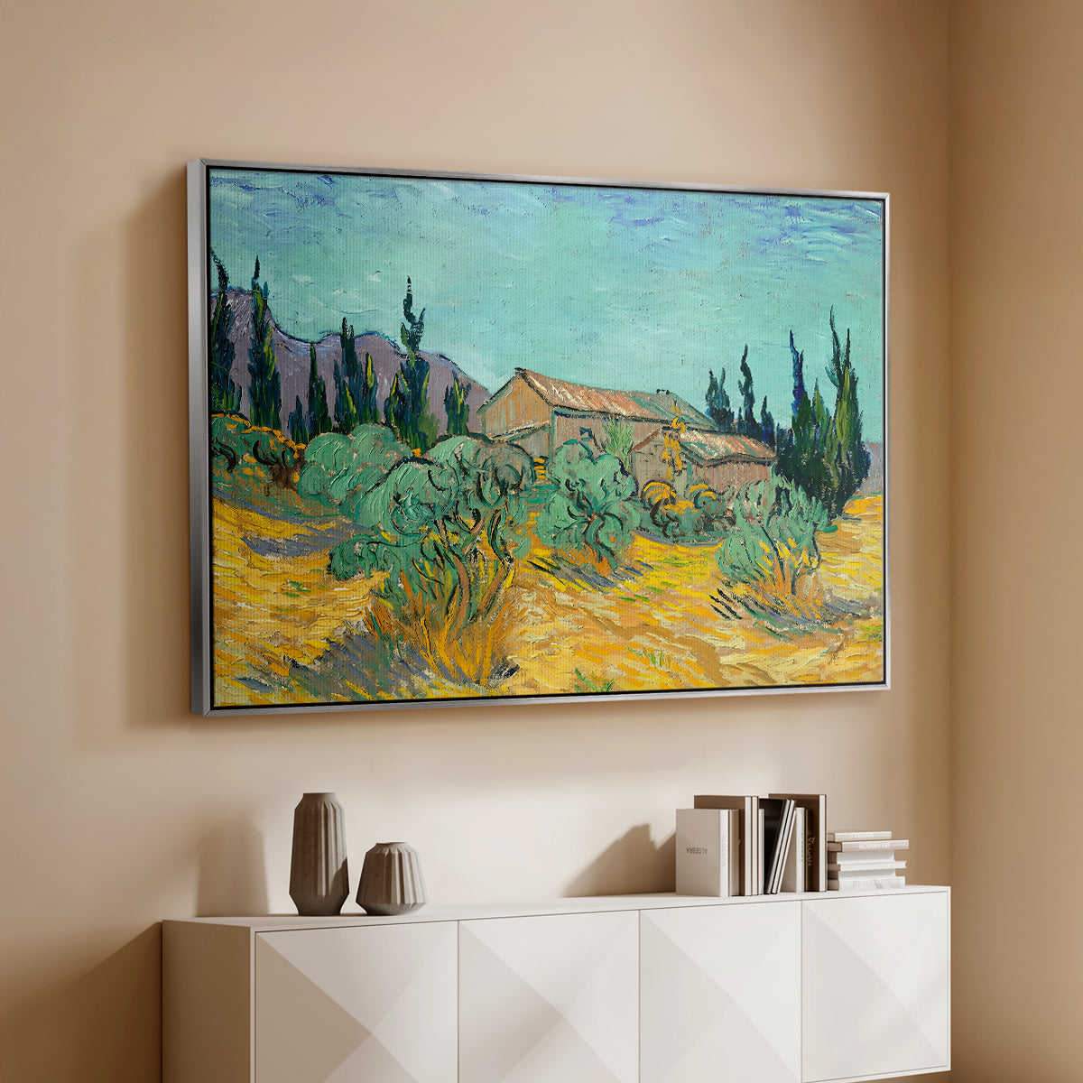 Wooden Sheds Among the Olive Trees and Cypresses, 1889 - Floater Framed Canvas Print