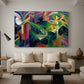 Canvas art print featuring an abstract scene combining deer forms with architectural elements, displayed in a spacious living room