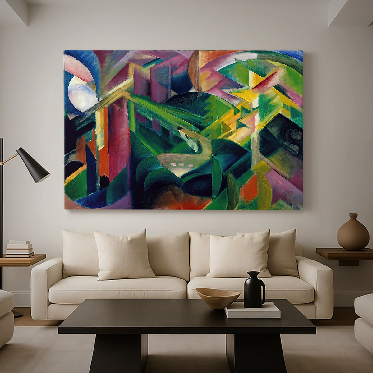 Canvas art print featuring an abstract scene combining deer forms with architectural elements, displayed in a spacious living room