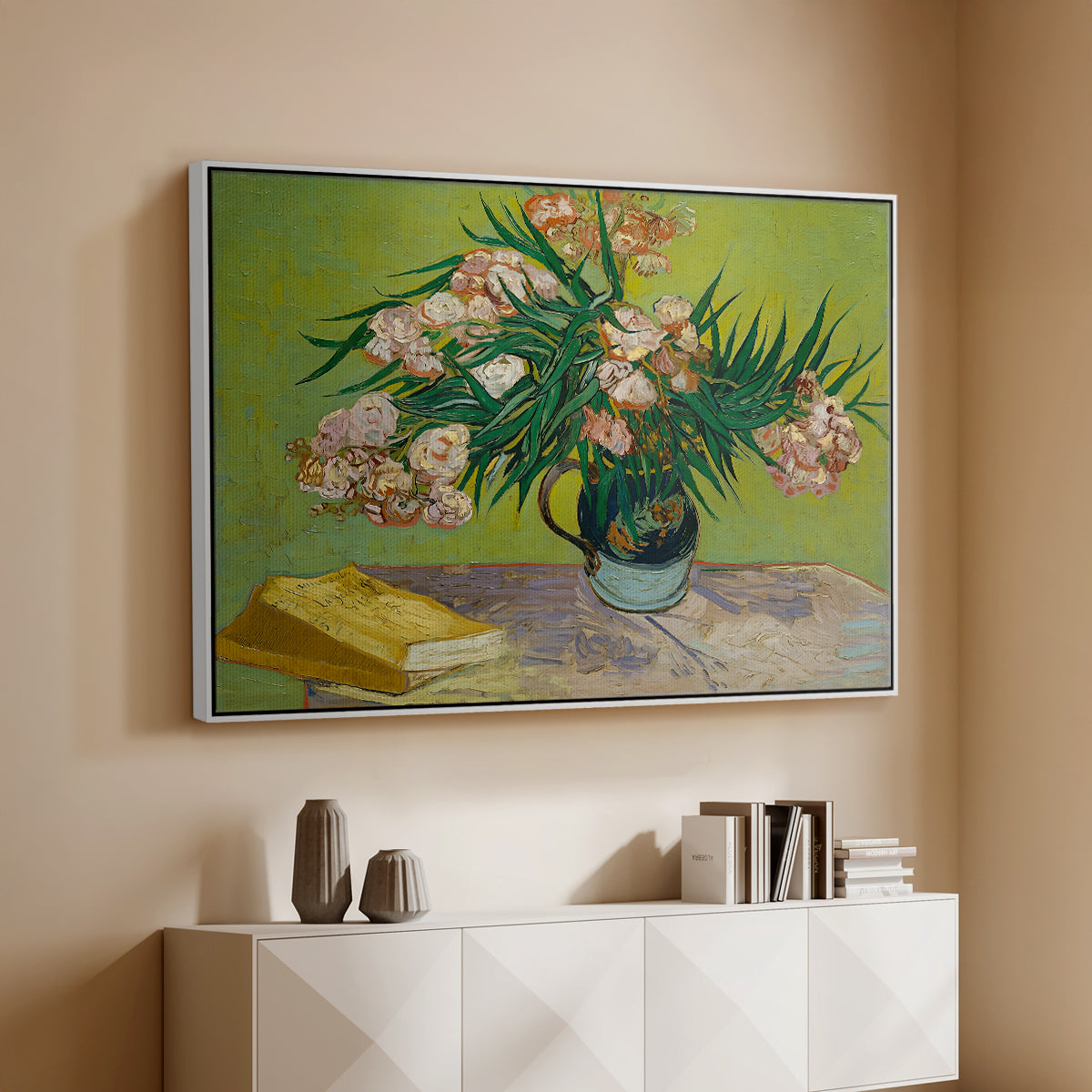 Vase with Oleanders and Books, 1888 - Floater Framed Canvas Print