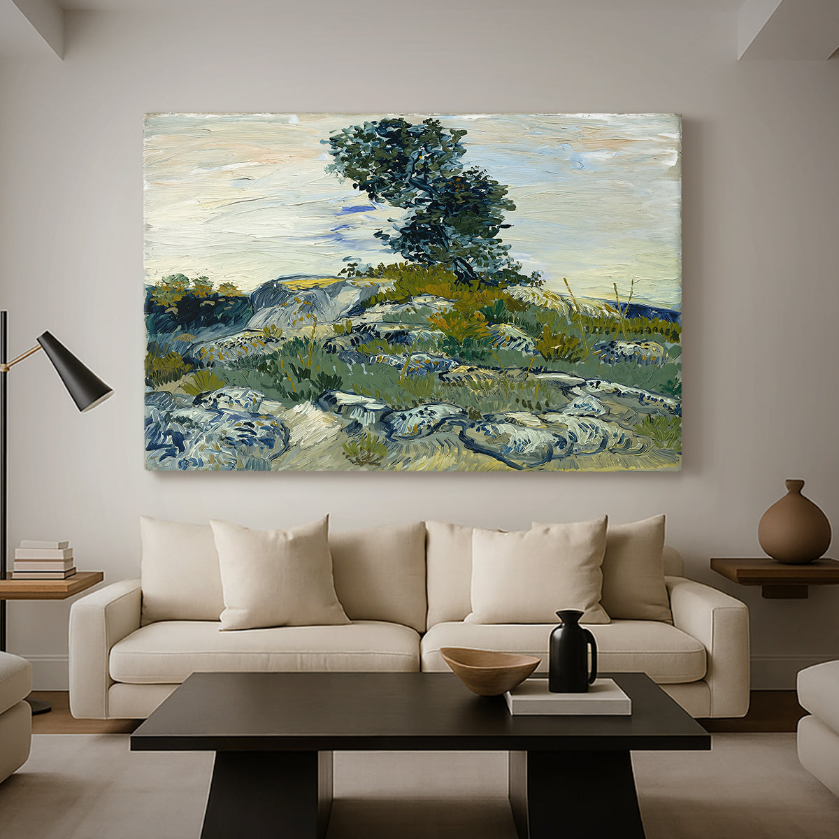 Canvas art print featuring a post-impressionist scene with rugged ground and minimal vegetation, displayed in a spacious living room