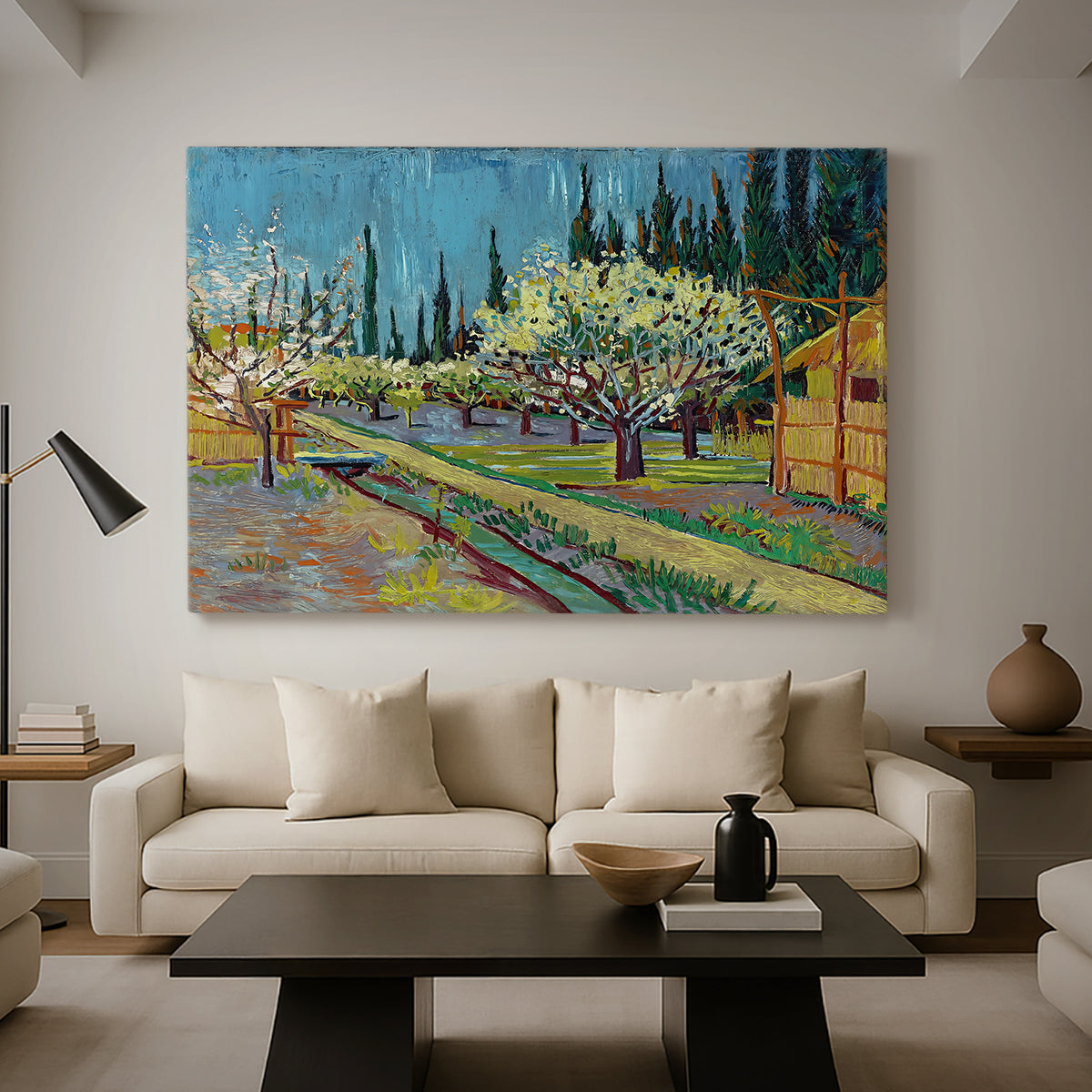 Canvas art print featuring an agricultural scene with orchard framed by vertical trees, displayed in a spacious living room