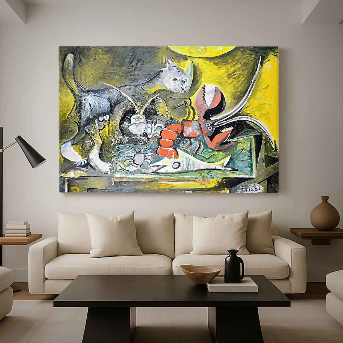 Canvas art print featuring an expressive arrangement of forms with organic and angular contrast, displayed in a spacious living room