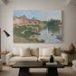 Canvas art print featuring a pointillist town next to a riverbank, displayed in a spacious living room