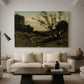 Canvas art print featuring a French countryside at dawn with trees and open terrain, displayed in a spacious living room