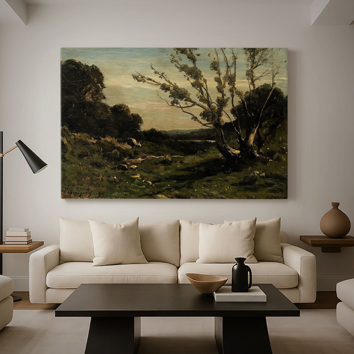 Canvas art print featuring a French countryside at dawn with trees and open terrain, displayed in a spacious living room