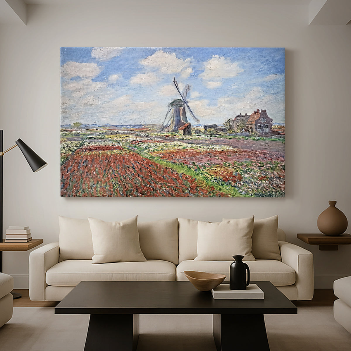 Canvas art print featuring an impressionist field of blooming tulips under bright sky, displayed in a spacious living room
