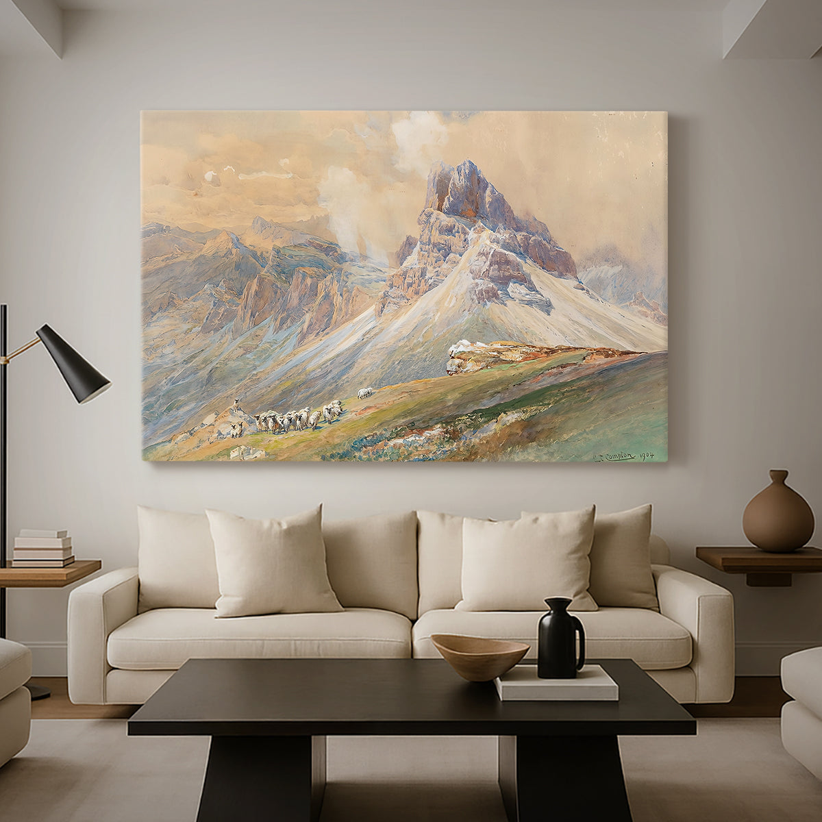 Canvas art print featuring an expansive landscape featuring iconic Dolomite peaks, displayed in a spacious living room