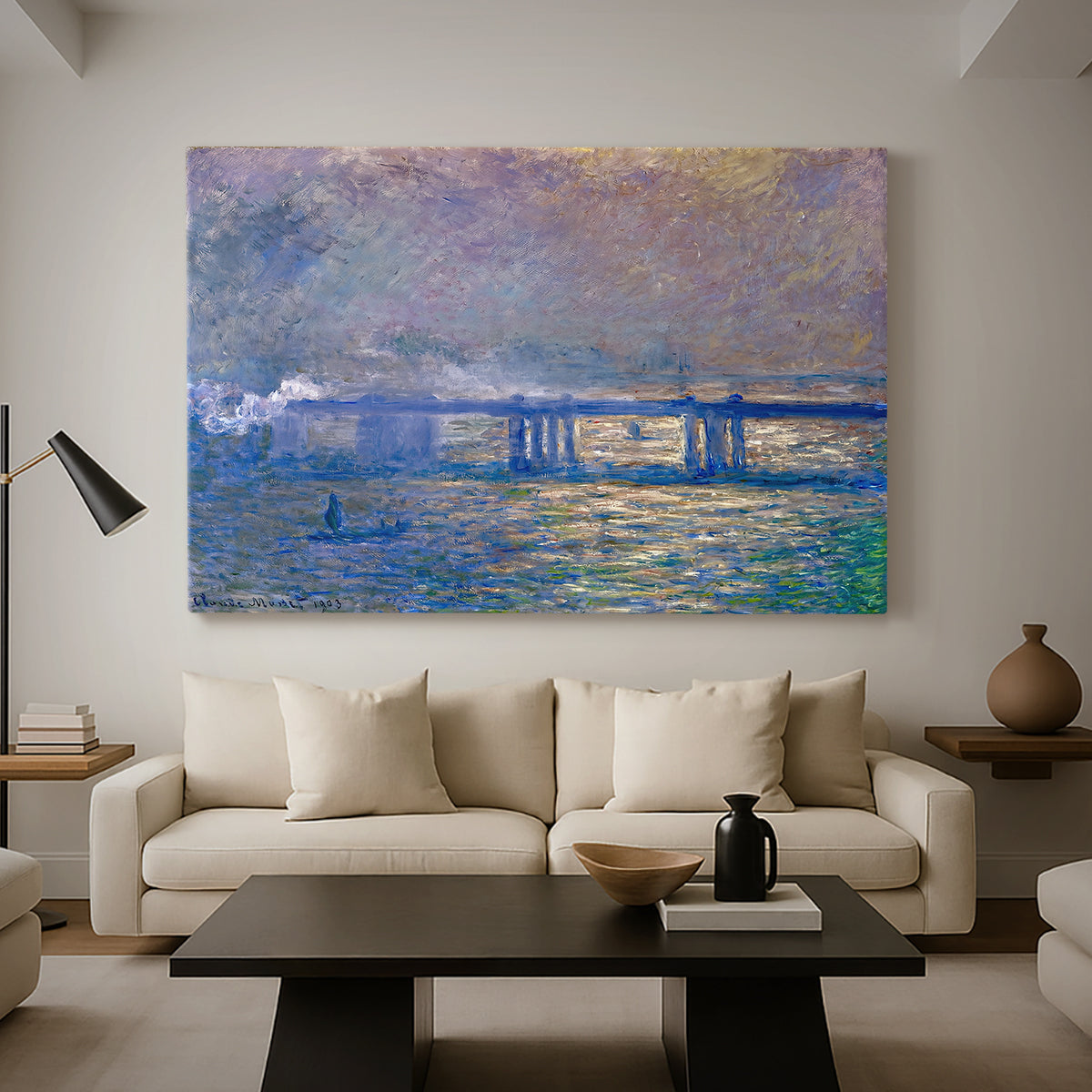 Canvas art print featuring an atmospheric depiction of London bridge with reflections in water, displayed in a spacious living room