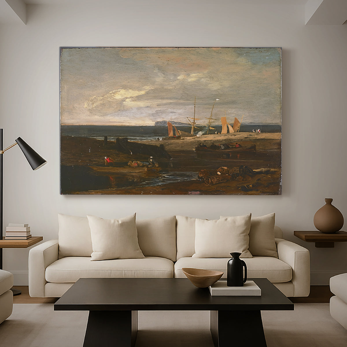 Canvas art print featuring an atmospheric seaside composition, displayed in a spacious living room