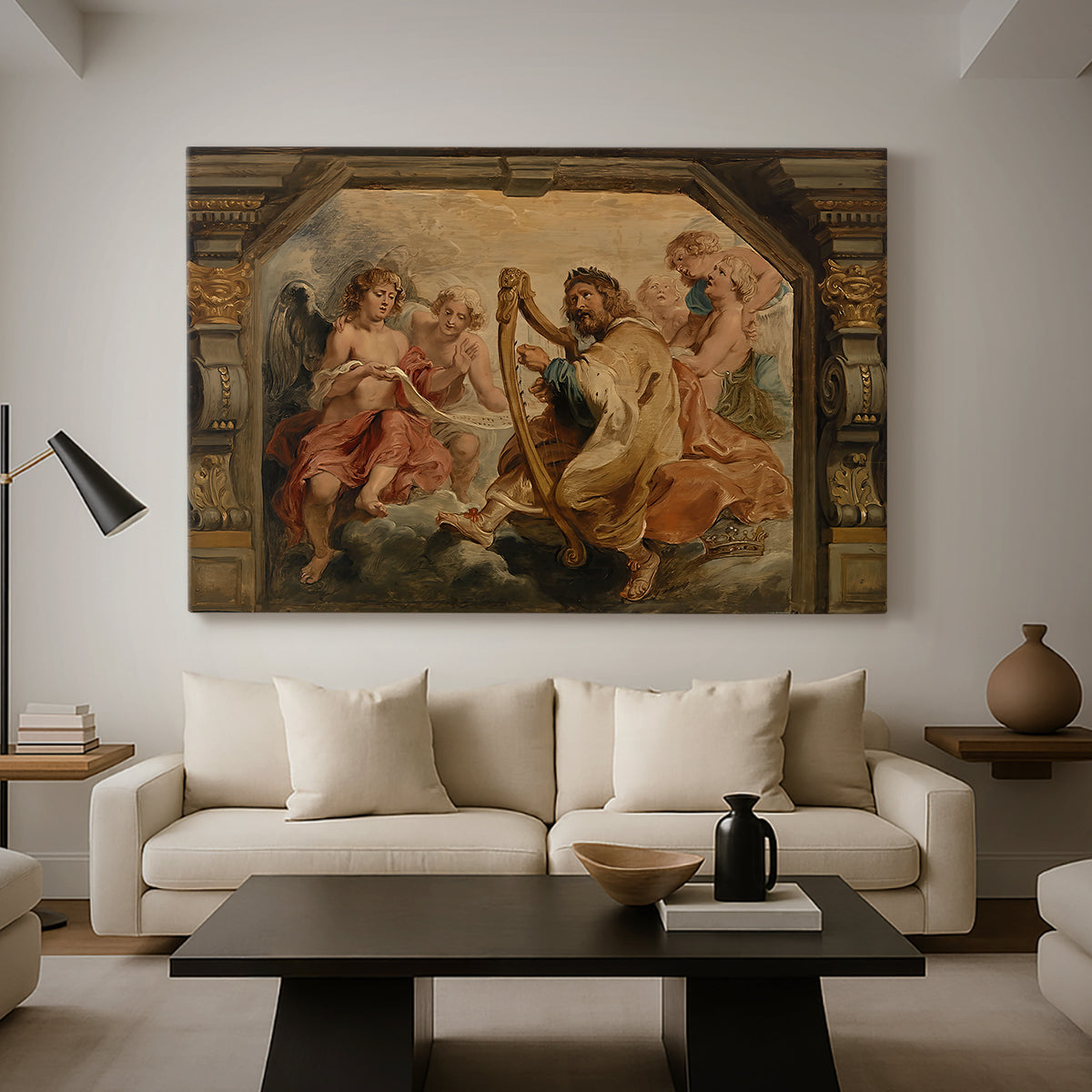 Canvas art print featuring a Baroque interior composition, displayed in a spacious living room