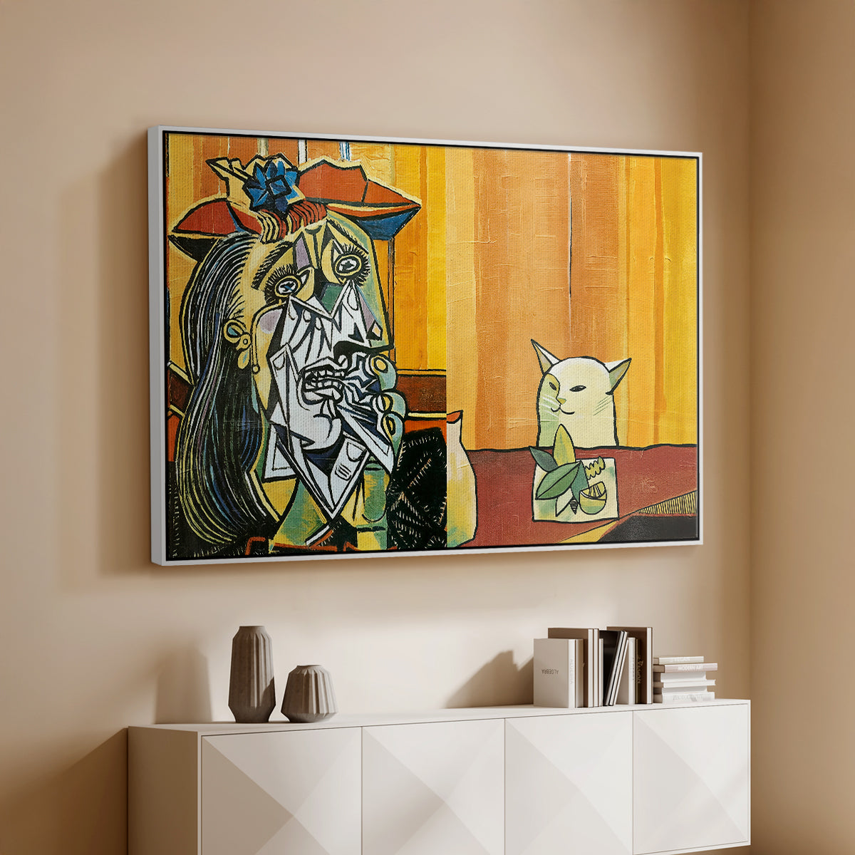 Woman Yelling at a Cat Meme (Picasso Parody) - Floater Framed Canvas Print