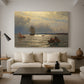 Canvas art print featuring a coastal landscape with boats resting on quiet water, displayed in a spacious living room