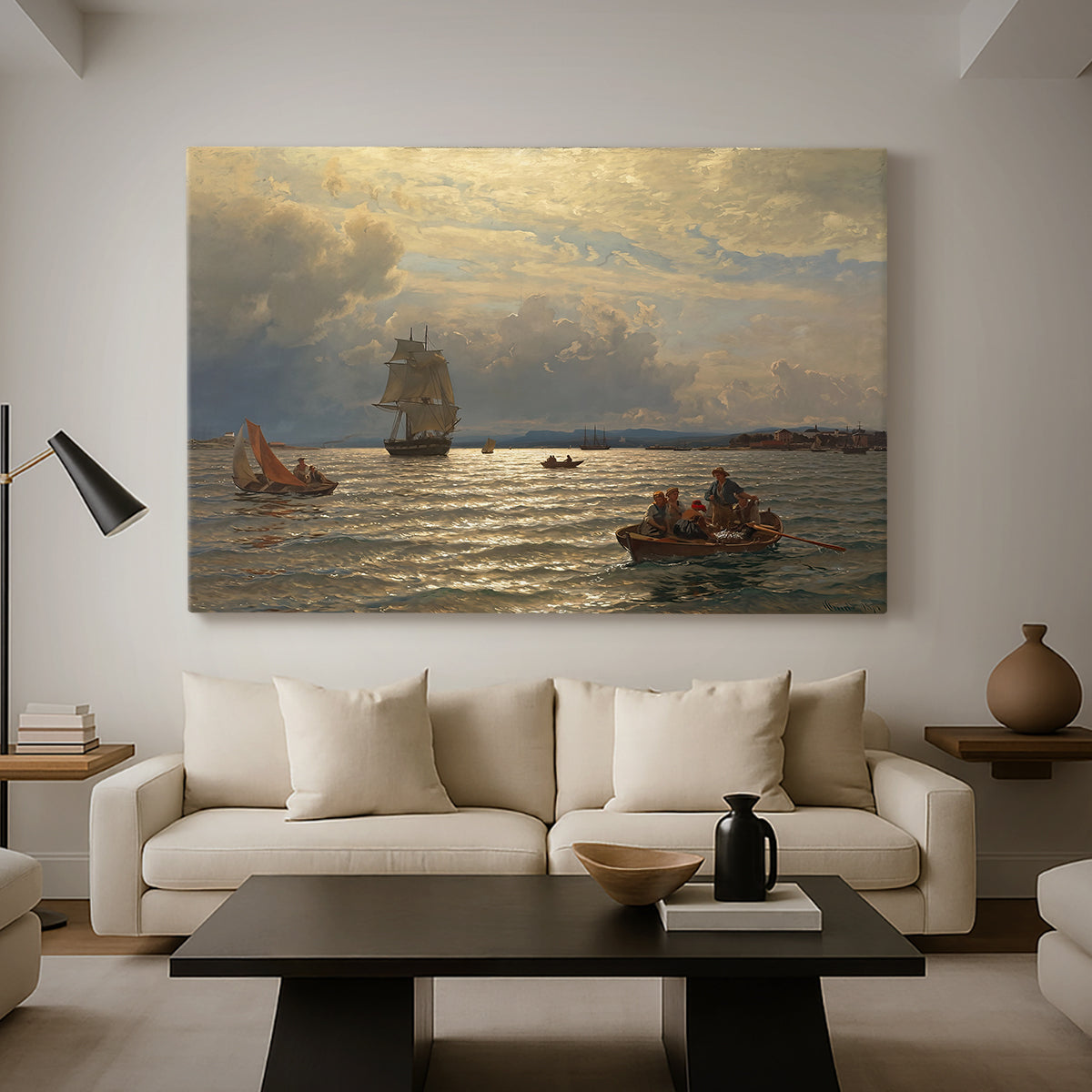 Canvas art print featuring a coastal landscape with boats resting on quiet water, displayed in a spacious living room