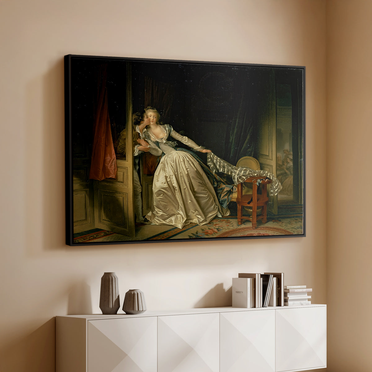 The Stolen Kiss (Le Baiser à la dérobée), c. 1788 - Floater Framed Canvas Print