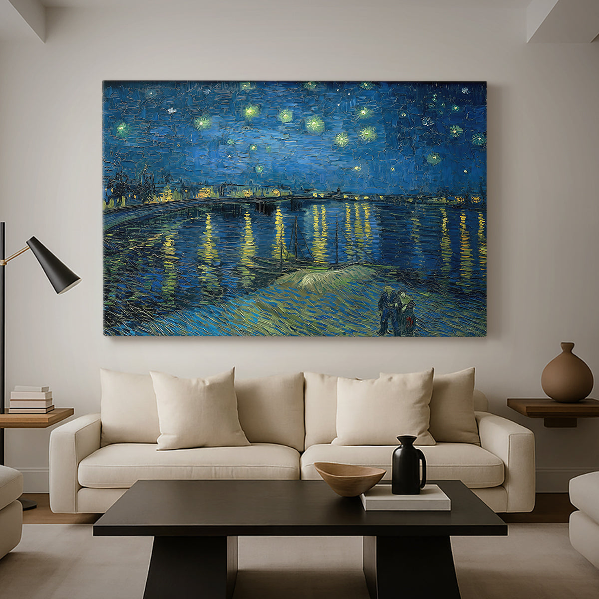 Canvas art print featuring a post-impressionist scene emphasizing reflections and deep blue sky, displayed in a spacious living room
