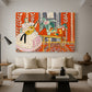 Canvas art print featuring an expressive interior scene centered on a lute player, displayed in a spacious living room