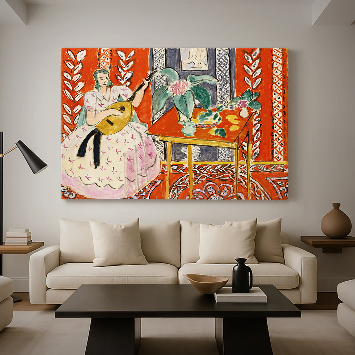 Canvas art print featuring an expressive interior scene centered on a lute player, displayed in a spacious living room