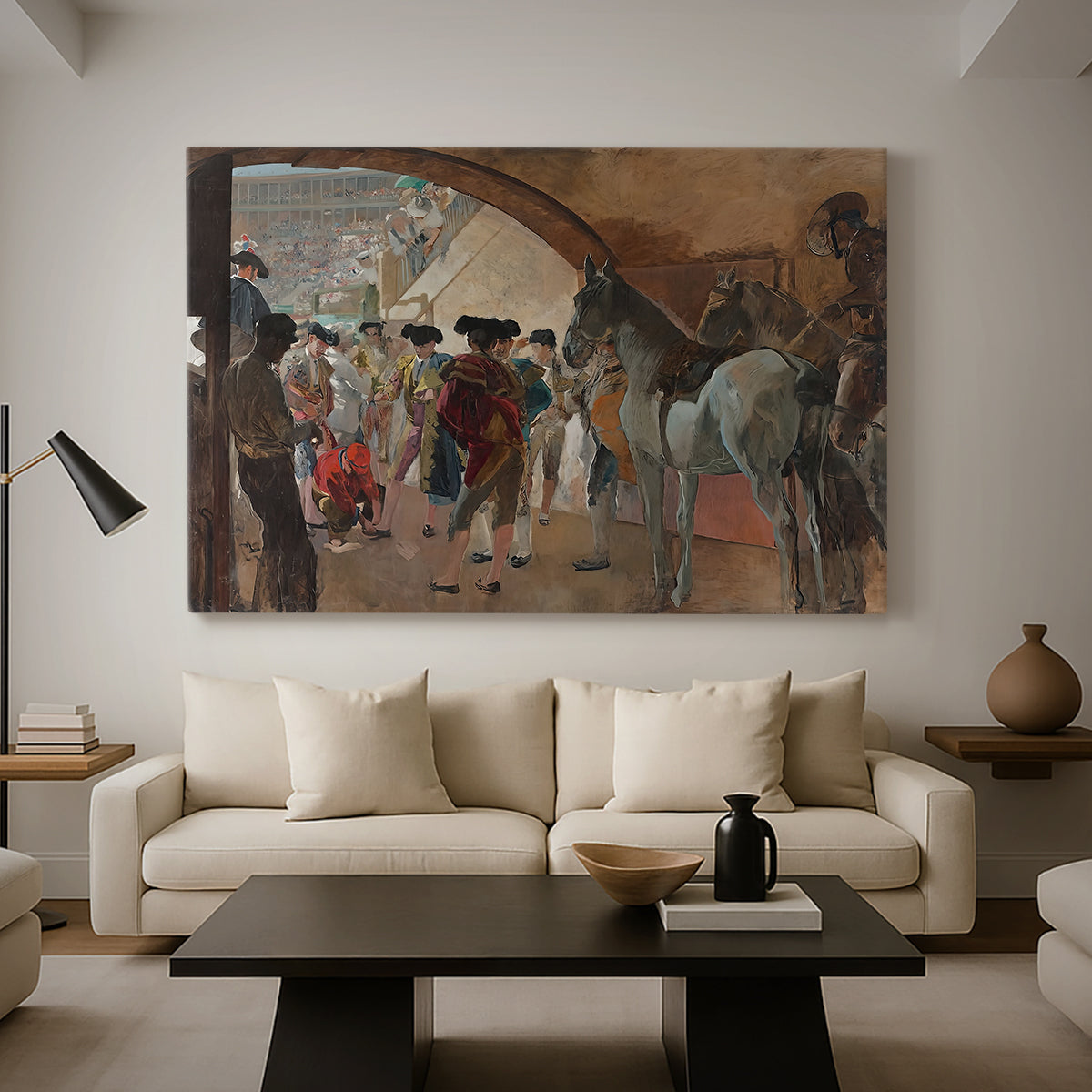 Canvas art print featuring an expressive composition of figures in traditional setting, displayed in a spacious living room