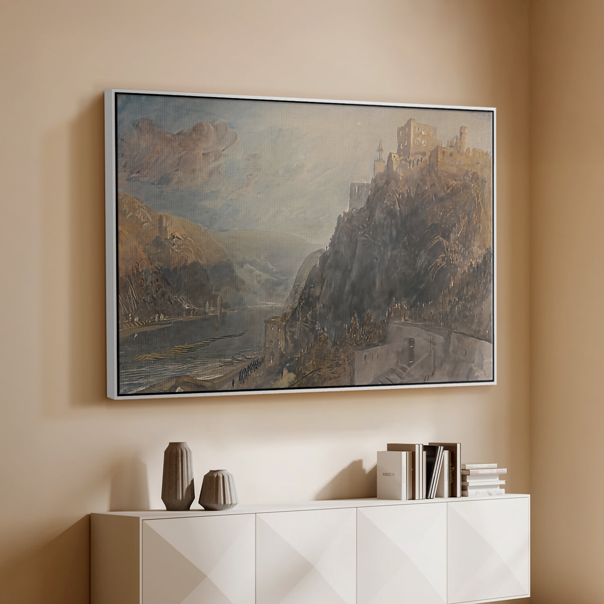 Rheinfels Looking to Katz and Gourhausen, 1817 - Floater Framed Canvas Print