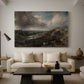 Canvas art print featuring an atmospheric landscape with pond, displayed in a spacious living room