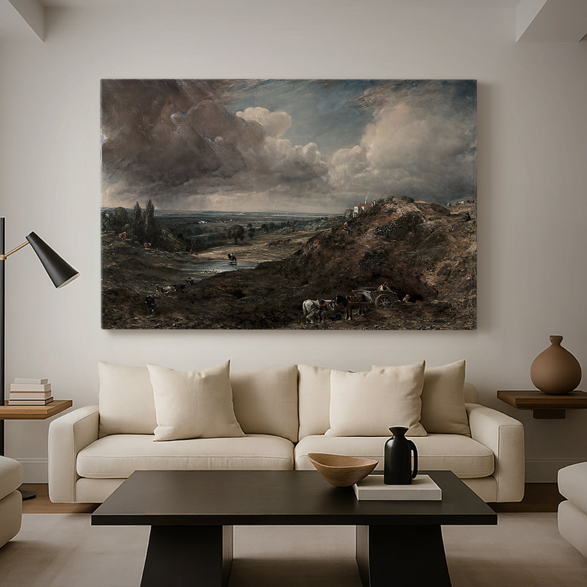 Canvas art print featuring an atmospheric landscape with pond, displayed in a spacious living room