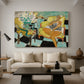 Canvas art print featuring a stylized woman in bold colors against a decorative background, displayed in a spacious living room