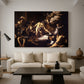 Canvas art print featuring a religious narrative showing violent attack on saint in crowded setting, displayed in a spacious living room