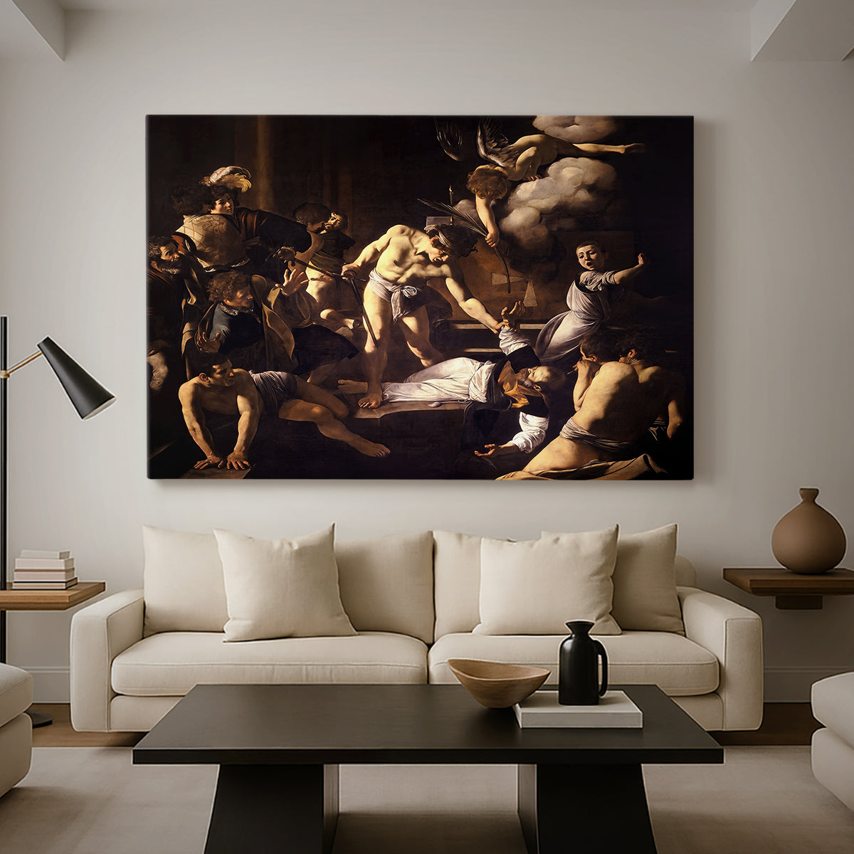 Canvas art print featuring a religious narrative showing violent attack on saint in crowded setting, displayed in a spacious living room
