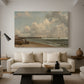 Canvas art print featuring a seaside composition with jetty, displayed in a spacious living room